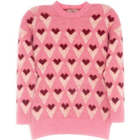 Resim Qoolest Kadın Kalpli Yünlü Pembe Triko Sevgililer Günü Özel Yumuşak Dokulu Oversize Kazak Pembe 