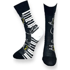 Resim Me-vo Tekli Siyah Renkli Bay/bayan Unisex Esnek Nem Alabilen Pamuklu Kedi Desenli Soket Çorap 