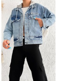 Resim Kadın Çıkarılabilir Kapüşonlu Cepli Denim Ceket Astarsız & Çok Amaçlı Kullanım Mavi 