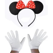 Resim Kırmızı Fiyonklu Minnie Mouse Tacı ve Beyaz Eldiven Seti 