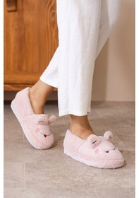 Resim Albishoes Kışlık Içi Tüylü Kadın Ev Ayakkabı Kurbağa Figürlü Kaydırmaz Rahat Taban Panduf Ev Botu Pudra 