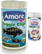 Resim AMORE Elite Veggie Green Algae Chips 250ml + Lotus Spirulina Garlic 100ml Tropikal Ve Tropheus Balık Yemi 