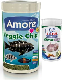 Resim AMORE Elite Veggie Green Algae Chips 250ml + Lotus Spirulina Garlic 100ml Tropikal Ve Tropheus Balık Yemi 