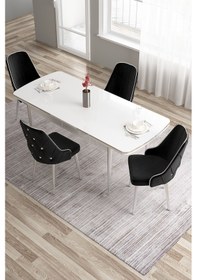 Resim Canisa Tia Serisi 80x132 Açılabilir Mdf Beyaz Krom Detay Yemek Masası Takımı Ve 4 Siyah Sandalye Masa Beyaz Sandalye Siyah 