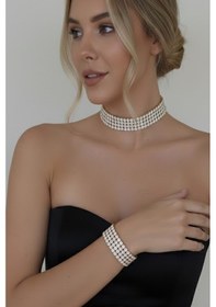 Resim Caş Dekorasyon Altın Renk Taşlı Choker Kolye Ve Bileklik Set Altın 