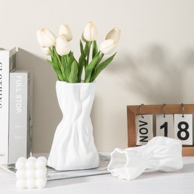Resim Modern Krem Beyaz Plastik Vazo - Dalgalı Sferik Tabanlı Zarif Silindir Çiçek Vazosu, Ev Dekorasyonu, İç Mekan Masa Süsü, Şık ve Kolay Temizlenebilir Design, Gerçek ya da Yapay Çiçeklerle Uyumlu, Oturma Odasına, Yeşim Odağa, Ofise Özel Dekoratif 