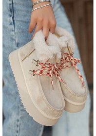 Resim Bağcıklı Kalın Tabanlı Katlanır Yaka Kürklü Kadın Bot Bej 