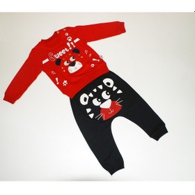 Resim Erkek Bebek Ayıcık Desenli İkili Takım Pamuklu Kırmızı - Siyah 