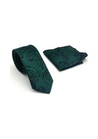 Resim Gaffy Zümrüt Yeşil Şal Desenli Lacivert Dokuma Kumaş Mendilli Slim Fit Kravat // Sdk-2606-5 Yeşil 