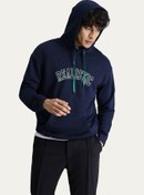Resim Koyu Lacivert Kapüşonlu Nakışlı Oversize Pamuk Sweatshirt Kigili