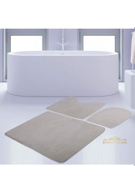 Resim Bonny Home Unicolor Düz Krem 3lü Banyo Paspası Halısı Seti Kaymaz Krem 