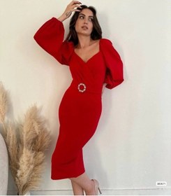 Resim Defymoda Kadın Kalp Yaka Sırt Dekolteli Kemer Toka Detay Midi Boy Elbise Kırmızı 