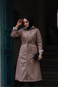 Resim Vibeys Moda Bej İçi Çizgili Ve Kapüşonlu Su Geçirmez Büyük Beden Kadın Trençkot 