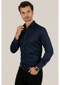 Resim Lacivert Kahve Düğmeli Slimfit Erkek Gömlek Lacivert 