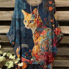 Resim Plus Beden, Kadınlar İçin Bohem Çiçekli ve Kedi Desenli Tişört - Turuncu Tabby Baskılı Bol Kesim Üst, Makinede Yıkanabilir Her Mevsim Günlük ve Tatil Giyimi, Retro Baskılı Şık Kısa Kollu Bluz, Orta Esneklikte Kumaş 
