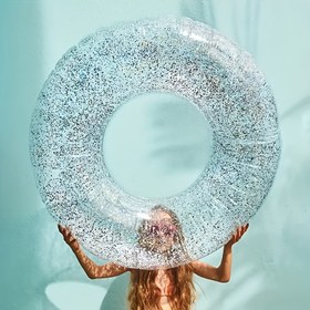 Resim Yetişkinler için şık şeffaf payetli yüzme halkası, yeni şişme yüzme halkası, kalınlaştırılmış yüksek yüzdüğü PVC yüzme tüpü - Havuz ve plaj etkinlikleri için ideal, plaj aksesuarları | Payet detaylandırma | Dayanıklı yüzme halkası, mayo 