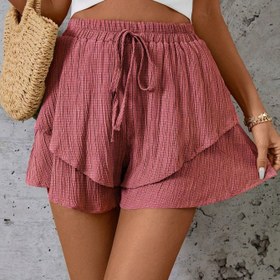 Resim Kadınlar İçin Şık Tek Renk Çift Katlı İnce Bel Kısa Şort - Yüksek Bel, Bol Kesim, Hafif Polyester İlkbahar/Yaz/Sonbahar Günlük Giyim, Plaj Örtüsü Şortu | Volanlı Etek Uçlu, Akıcı Tasarım, Yüksek Bel Kısa Şort 