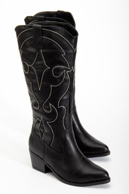 Resim BY BERLE SHOES Kadın Siyah Mat Cilt Nakışlı Kovboy Çizme 