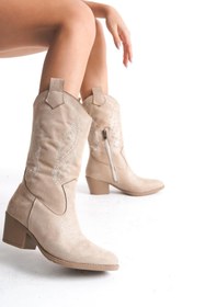 Resim Bak Store Bej Süet Nakışlı Fermuarlı Western Kovboy Kadın Çizme 