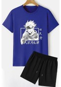 Resim Rahat Tasarım Anime Şort T-shirt Eşofman Takımı Mavi 