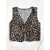 Resim Kadınların şık leopar desenli kolsuz yelek, bağcıklı detaylı - V-yaka, bağcıklı ön, hafif polyester, yazlık kıyafetler için mükemmel, rahat yazlık giyim | Şık kolsuz yelek | Bağcıklı detaylandırma, leopar desenli bluz 
