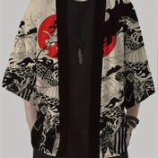 Resim Erkek Vintage Ejderha Baskılı Kimono Hırka - Gevşek Uyumlu Kısa Kollu Üst, Polyester, Rahat Yaz Stili, Makine Yıkanabilir, Hafif Yaz Üstü|Asya Temalı Tasarım|Polyester Kumaş 