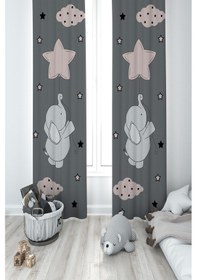 Resim Mekta Home Bebek Ve Çocuk Odası Seksekli Uçan Fil Desenli 2 Kanat Fon Perde 