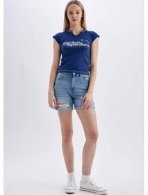 Resim Defacto Boyfriend Yüksek Bel Katlamalı Paça Jean Şort C2469AX24SMNM39 Mavi 