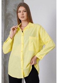 Resim Paw Garage Kadın London Keten Tek Cepli Oversize Gömlek, Premium Kalite Keten Gömlek Sarı 