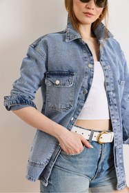 Resim Olalook Kadın Açık Mavi 4 Cepli Tok Denim Ceket CKT-19000510 