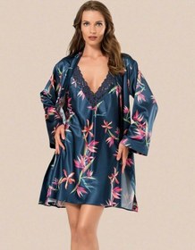 Resim Yeni Sezon Saten Moongirl 2 Li Pijama Sabahlık Gecelik Alt Üst Takım Lacivert 
