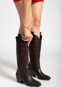 Resim MS SUGAR SHOES Kadın Acıkahve Suni Deri Nakışlı Western Kovboy Cowgirl Bot Çizme 