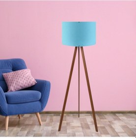 Resim Pratik Ahşap Üç Ayaklı Lambader Mavi Başlık Salon Yatak Odası Köşe Lambası Mavi 