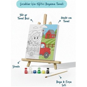 Resim Çiftlik Ve Kamyon Temalı Çocuk Boyama Tuvali Şövaleli Eğitici Boyama Seti 20x20 Cm 