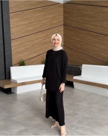 Resim modamira Kadın Siyah Sandy Komple Pliseli 2li Tesettür Ikili Pantolonlu Takım 