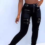 Resim Kadınlar İçin Siyah Slim Fit Fermuarlı Pantolon - Metalik Detaylı, Yüksek Kalite Esnek Kumaş, Kemersiz Tasarım & Uzun Boy, Günlük ve İş Kullanımı için Şık Fermuarlı Tayt, İlkbahar/Sonbahar Mevsimi, Rahat Giyim, Zarif Kesim 