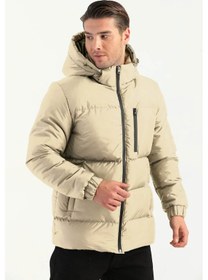 Resim İçi Astarlı Su Ve Rüzgar Geçirmez Cepli Kapüşonlu Erkek Mont Taş 