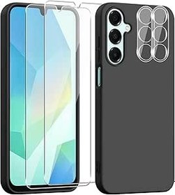 Resim jrester Samsung Galaxy A16 5G ile uyumlu kılıf, siyah yumuşak sıvı silikon cep telefonu kılıfı, 2 sertleştirilmiş cam koruyucu folyo, ekran koruyucu folyo + 2 kamera çantası 
