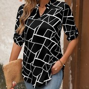 Resim Kadınların Geometrik V-Yaka 3/4 Kollu Gömlek, Rahat Polyester Dokuma Kazak, Düzenli Fit Bahar/Yaz/Sonbahar Üst, %100 Polyester 130g/m² 