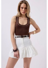 Resim Defymoda Büzgü Detay Mini Etek Beyaz 