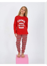 Resim Kız Çocuk Uzun Kollu %100 Pamuklu Pijama Takımı Cookie Team Kırmızı 