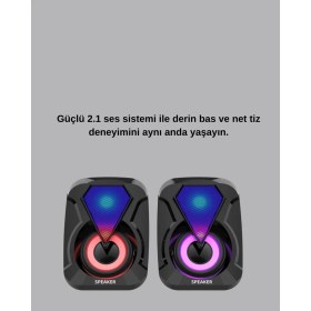 Resim USB Bağlantılı Rgb 2.1 Hoparlör Seti Derin Bas ve Renkli Işık 