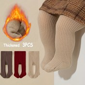 Resim 3'lü Kız Çocuk Kırmızı, Kahverengi ve Haki Renklerde Kalın, Sıcak Tayt, Yumuşak, Rahat ve Esnek Kumaşlı, Cesur Çizgili, Yeni Yıl Hediyesi için Mükemmel. 