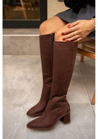 Resim Volera Acı Kahve Süet Küt Burun Topuklu Çizme Acı Kahverengi 