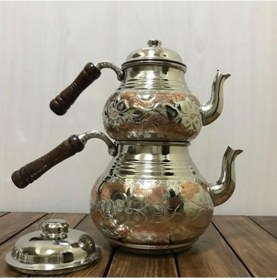 Resim Bakır Çaydanlık Desenli Büyük Boy Krom 
