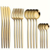 Resim 16 parça, Altın Sofra Takımı, Yüksek Kaliteli Paslanmaz Çelik Sofra Takımı, Ayna Gibi Lüks Yemek Bıçağı 4, Çatal 4, Kaşık 4, Çay Kaşığı 4, Bulaşık Makinesinde Yıkanabilir, Ev ve Restoran Kullanımı İçin Uygun 