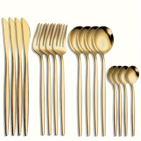 Resim 16 parça, Altın Sofra Takımı, Yüksek Kaliteli Paslanmaz Çelik Sofra Takımı, Ayna Gibi Lüks Yemek Bıçağı 4, Çatal 4, Kaşık 4, Çay Kaşığı 4, Bulaşık Makinesinde Yıkanabilir, Ev ve Restoran Kullanımı İçin Uygun 