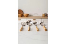 Resim Atbyhome Bambum Mundo 4 Parça Bambu Saplı Çelik Mutfak Gereç Seti Çeyiz Seti Kaşık Kevgir Kepçe 