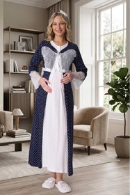 Resim Lohusa Homewear Yeni Sezon Lacivert Ekru Hamile Puantiyeli Yazlık Tam Boy Şık Dantelli Kısa Kol Sabahlık Gecelik Set 