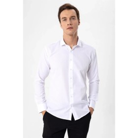 Resim Beyaz Slim Fit Armürlü Klasik Yaka Gömlek 